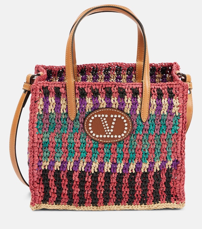 VLogo Small leather-trimmed raffia tote bag | Valentino Garavani