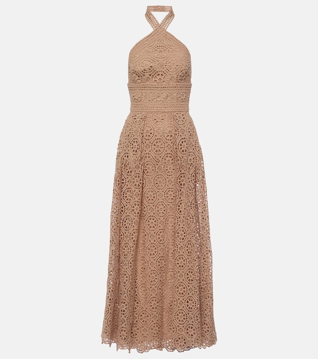 Macramé halterneck cotton-blend midi dress | Elie Saab