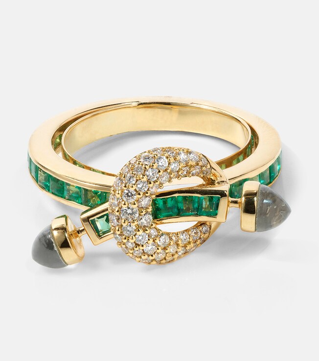 Chakra 18kt gold ring with emeralds and diamonds | Ananya