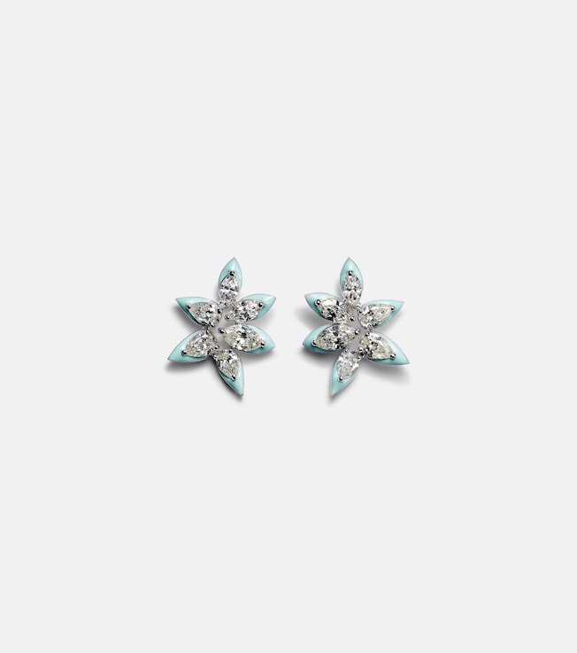 Asymmetric floral 18kt white gold earrings with enamel and diamonds | Kamyen