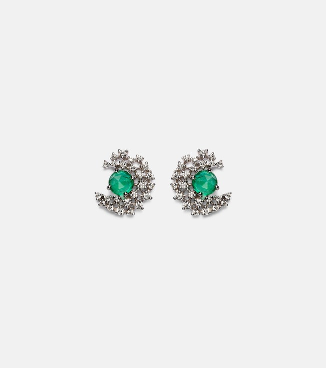 Scatter 18kt white gold earrings with diamonds and emeralds | Ananya