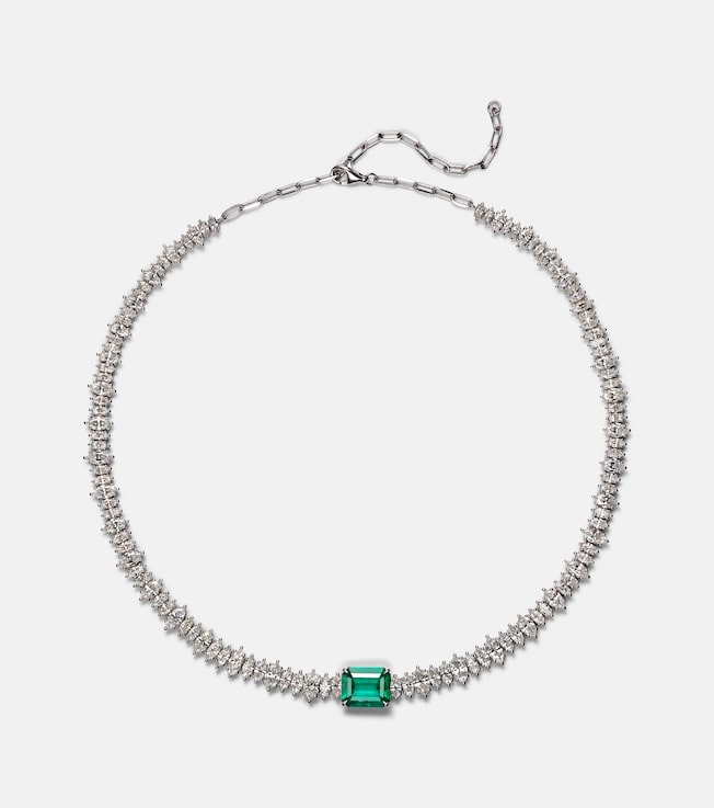 18kt white gold choker with diamonds and emerald | Anita Ko