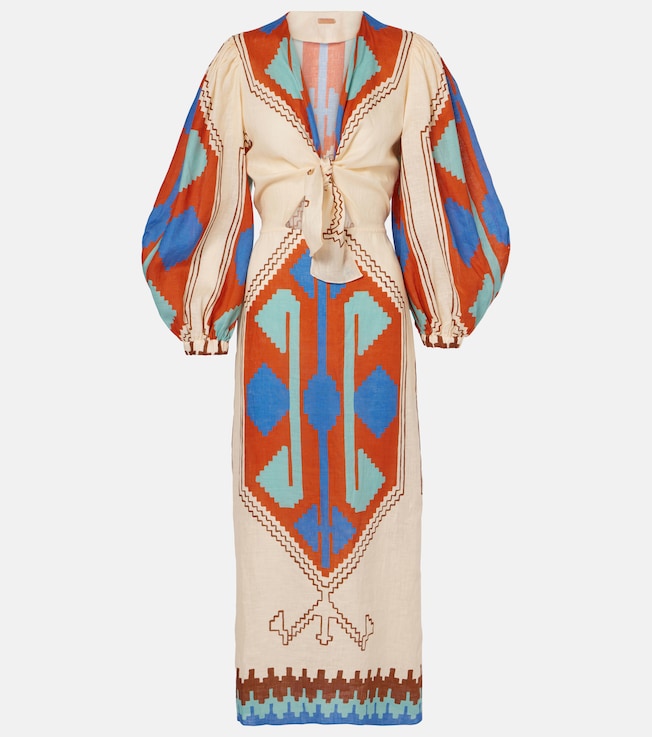 Printed tie-detail linen midi dress | Johanna Ortiz
