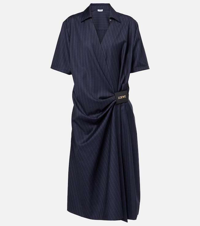 Pinstripe gathered wool wrap dress | Loewe
