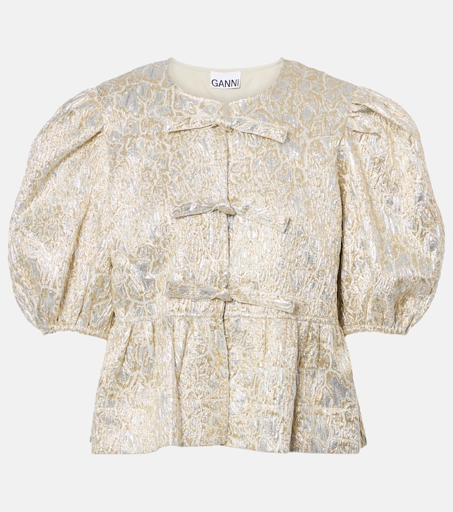 Puff-sleeve brocade top | Ganni