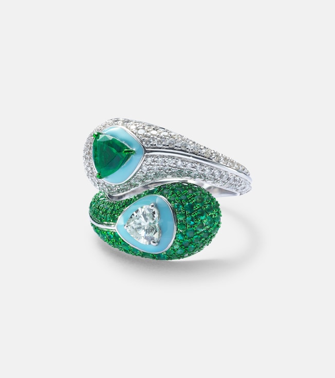 Ying Yang 18kt white gold and enamel ring with emeralds and diamonds | Kamyen