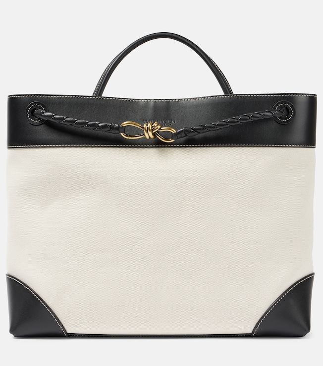 Andiamo Large leather-trimmed canvas tote bag | Bottega Veneta