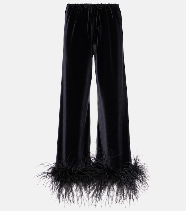 Feather-trimmed velvet wide-leg pants | Oséree