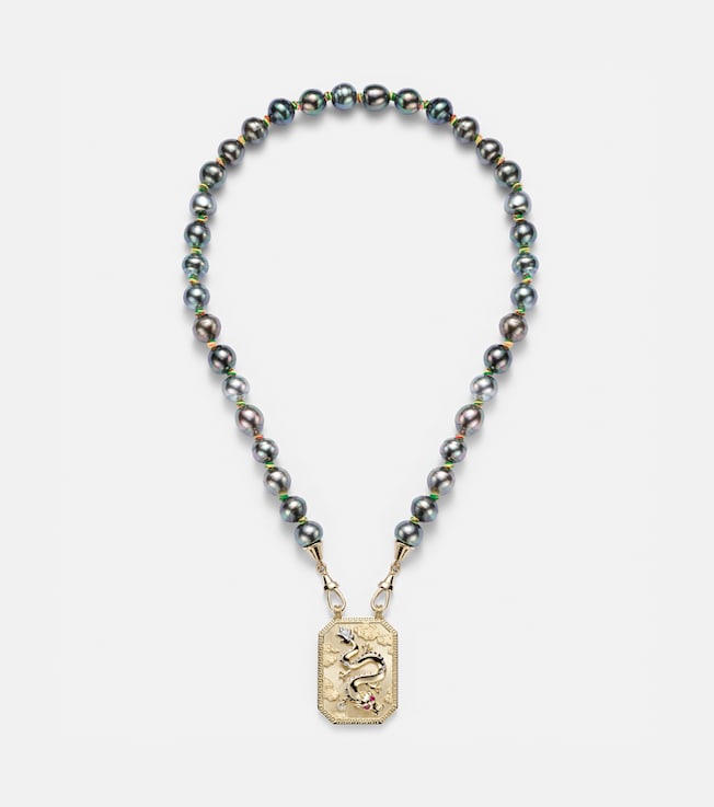 Dragon 18kt gold necklace with pearl and rubies | Marie Lichtenberg