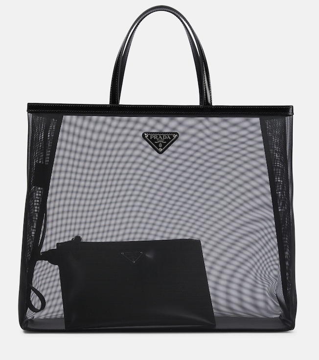 Large leather-trimmed mesh tote | Prada