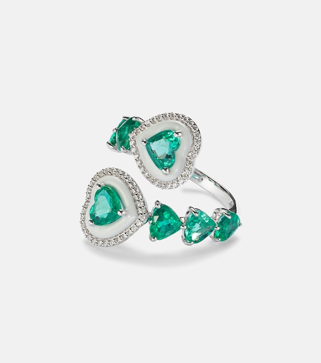 Heart 18kt white gold ring with emeralds and diamonds | Kamyen
