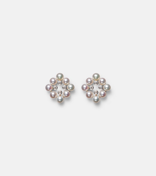 Cluster Stud 14kt gold earrings with pearls and diamonds | Mateo