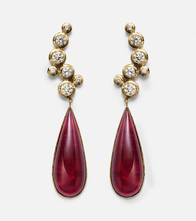 Floating Nesting Gem 18kt gold drop earrings with diamonds and rubellites | Octavia Elizabeth