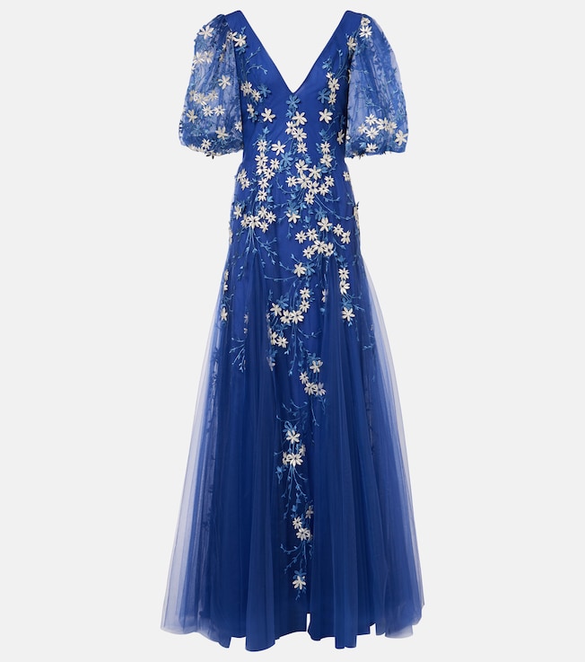 Floral-appliqué tulle gown | Costarellos