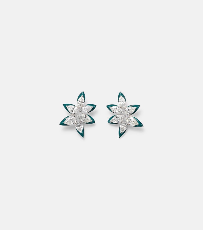 18kt gold asymmetric floral studs with enamel and diamonds | Kamyen