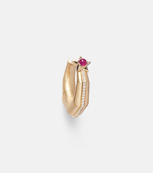 Baba Medium 18kt gold single hoop earring with diamonds and ruby | Marie Lichtenberg