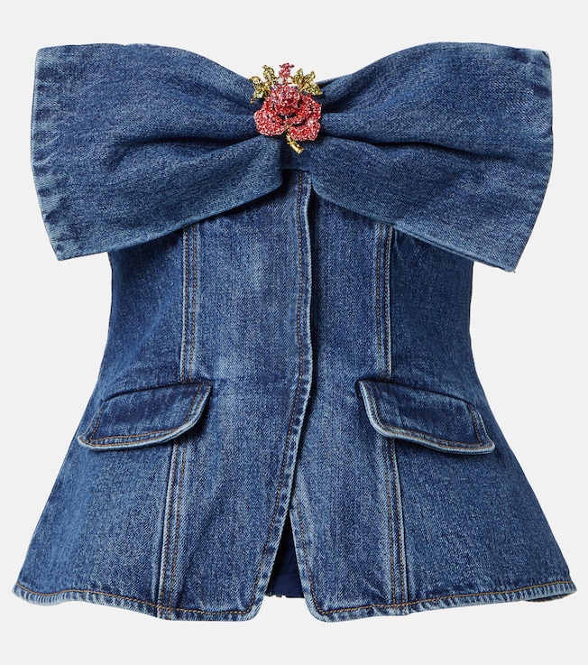 Embellished strapless denim top | Self-Portrait