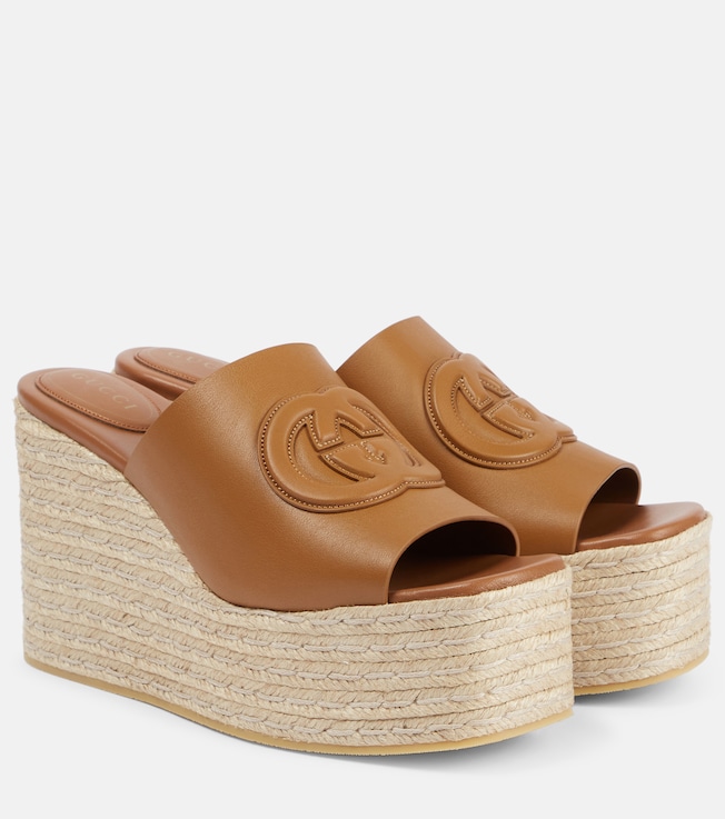 Sandali espadrillas GG in pelle con zeppa | Gucci