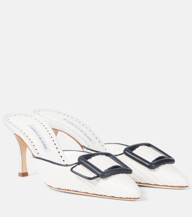 Maysale 70 leather-trimmed raffia mules | Manolo Blahnik