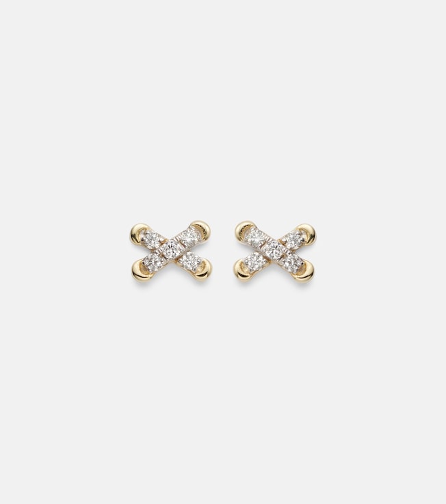 Diamond Cross Stitch 14kt gold stud earrings with white diamonds  | Stone and Strand
