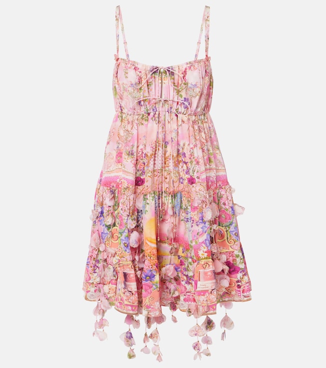 Floral-appliqué gathered silk crêpe minidress | Camilla