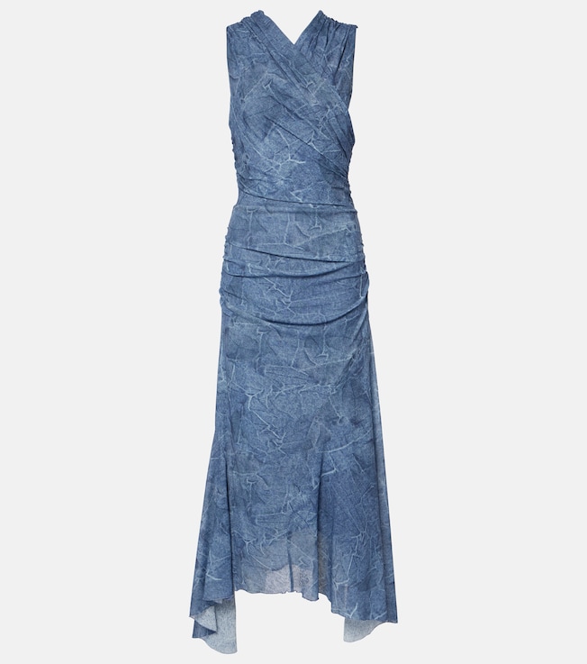 Printed ruched mesh maxi dress | Ganni