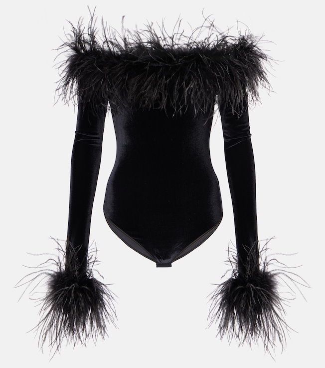 Feather-trimmed velvet bodysuit | Oséree