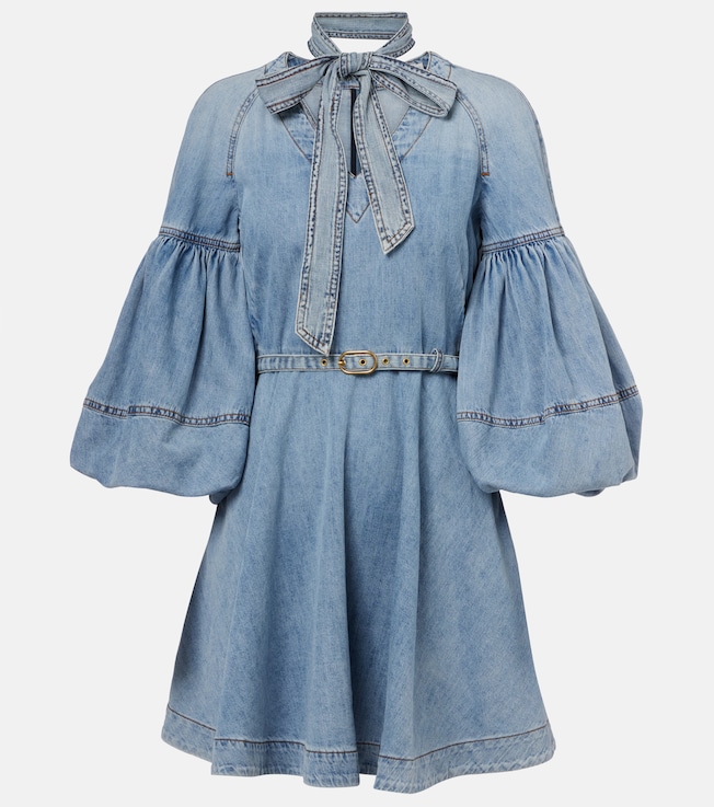 Tie-neck puff-sleeve denim minidress | Zimmermann