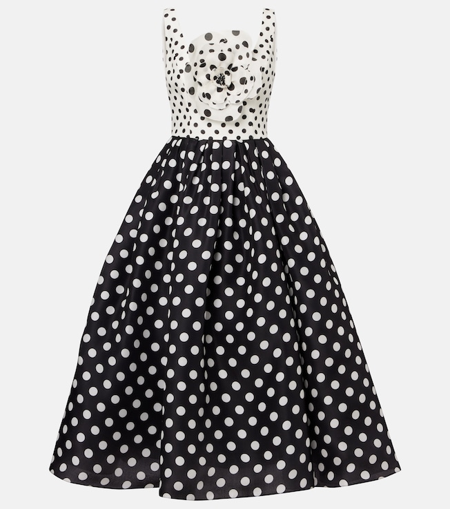 Floral-appliqué polka-dot silk midi dress | Carolina Herrera