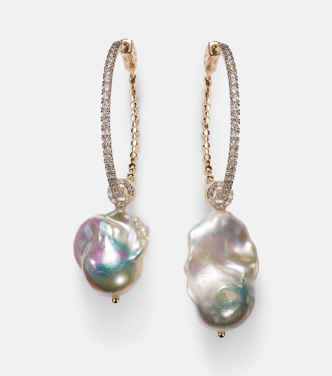 14kt gold hoop earrings with Baroque pearls and diamonds | Mateo