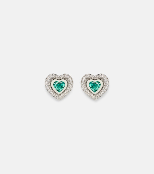 Heart 18kt white gold earrings with diamonds and emeralds | Kamyen