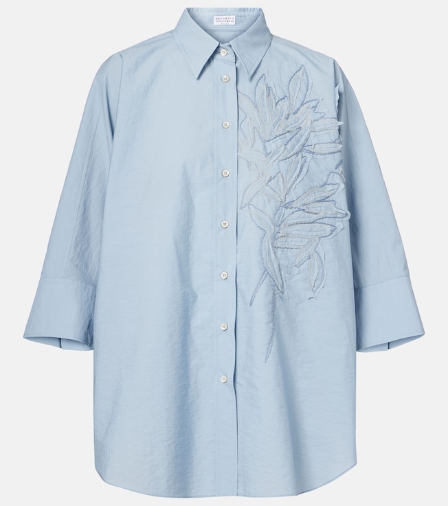 Floral-appliqué cotton-blend shirt | Brunello Cucinelli