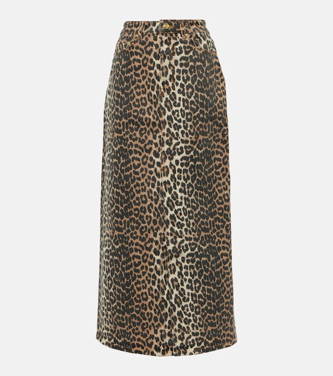 Leopard-print denim maxi skirt | Ganni