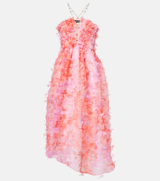 Floral-appliqué smocked tulle midi dress | Susan Fang