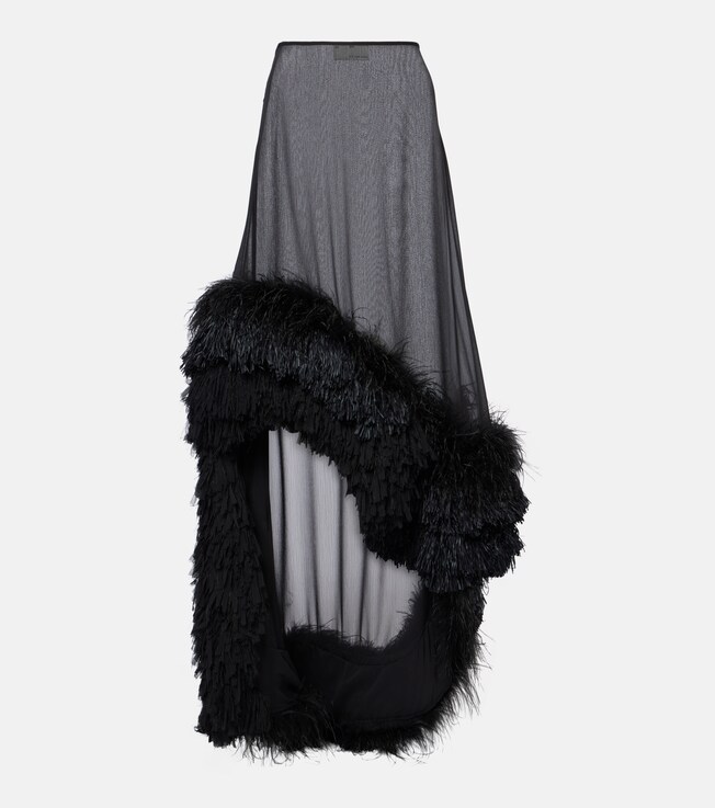 Feather-trimmed chiffon midi skirt | Xu Zhi