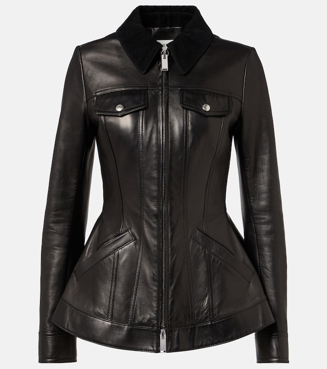Peplum corduroy-trimmed leather jacket | McQueen
