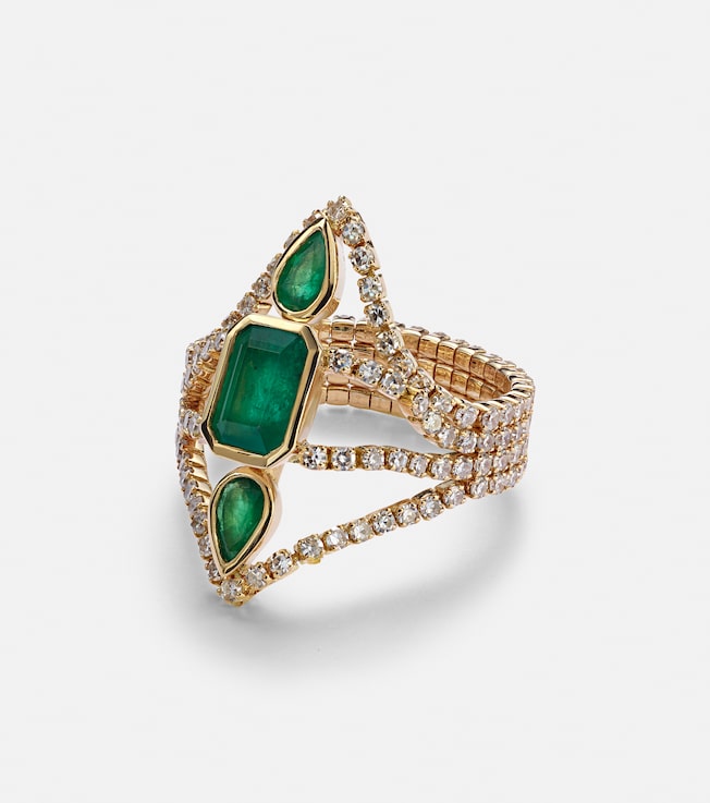 Delicate Deco 18kt gold ring with emeralds and diamonds | Shay Jewelry