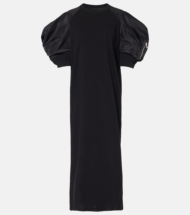 Puff-sleeve cotton-blend jersey midi dress | Sacai