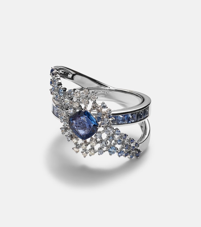 Scatter Orbit 18kt white gold ring with sapphires and diamonds | Ananya