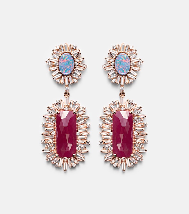One of a Kind 18kt rose gold drop earrings with diamonds, rubies and opal | Suzanne Kalan