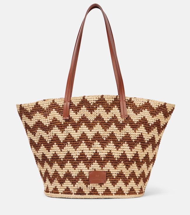 Zigzag Large leather-trimmed raffia tote bag | Missoni