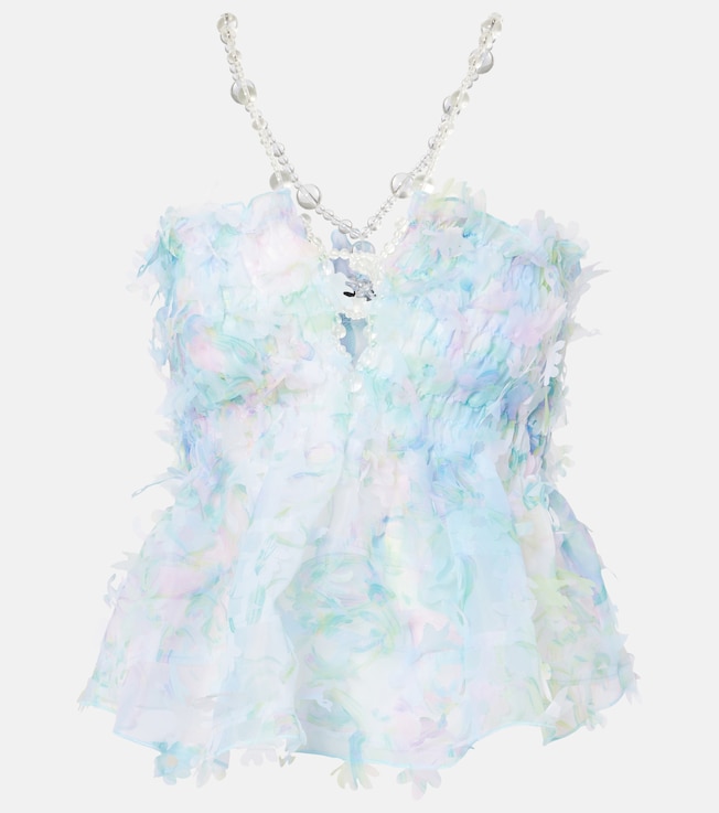 Floral-appliqué smocked tulle top | Susan Fang