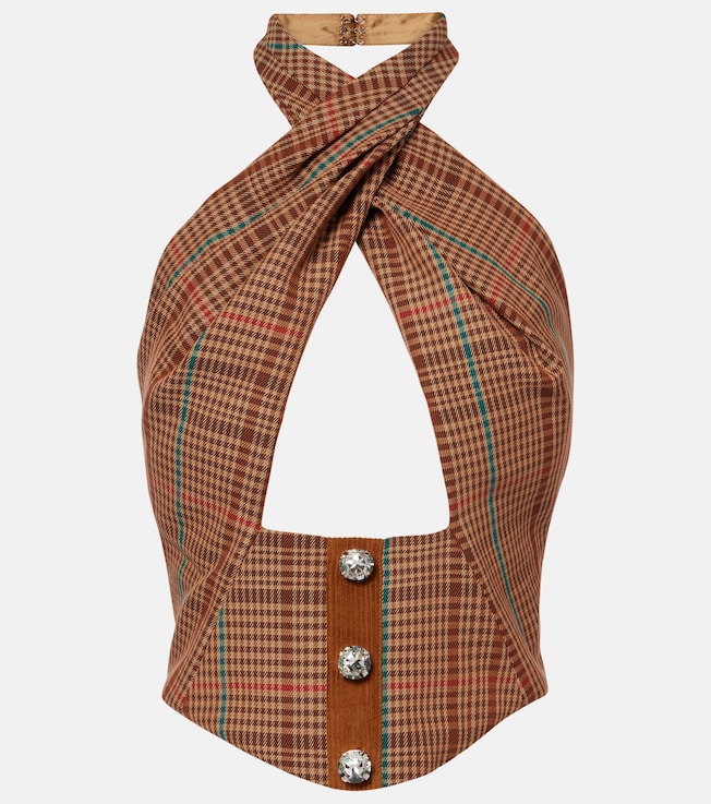 Checked halterneck wool-blend top | Area