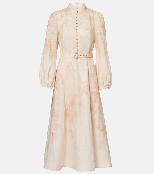 Floral balloon-sleeve linen midi dress | Zimmermann