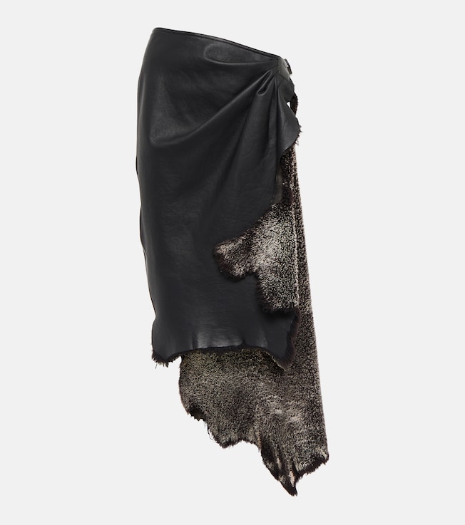 Draped high-rise leather and shearling midi skirt | Alaïa