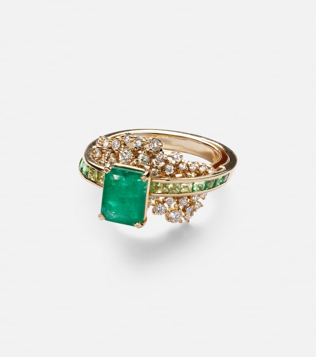 Scatter Emerald Sphere 18kt gold ring with diamonds and emeralds | Ananya