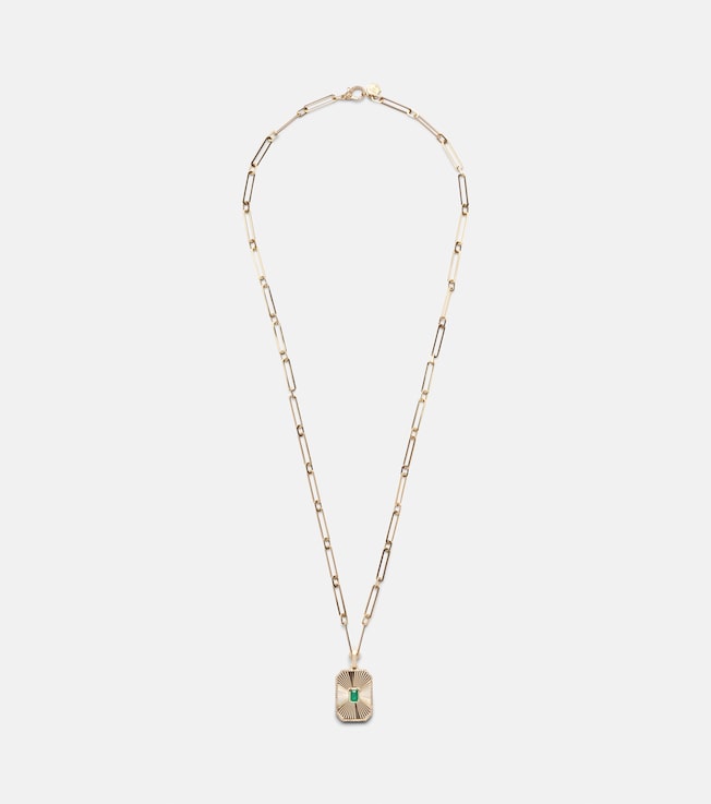 18kt gold Radiant Deco pendant necklace with emerald and diamonds | Shay Jewelry