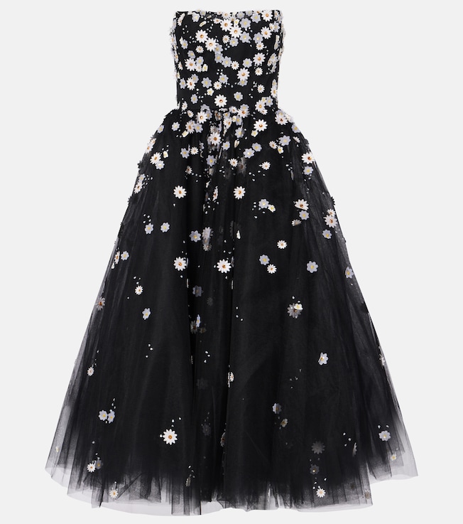 Floral-appliqué strapless tulle midi dress | Monique Lhuillier