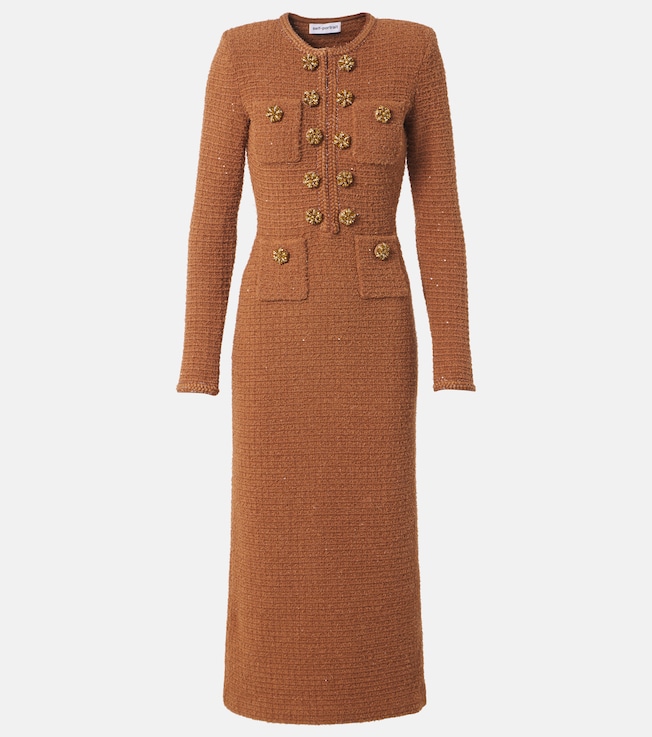 Waffle-knit embellished midi dress | Self-Portrait