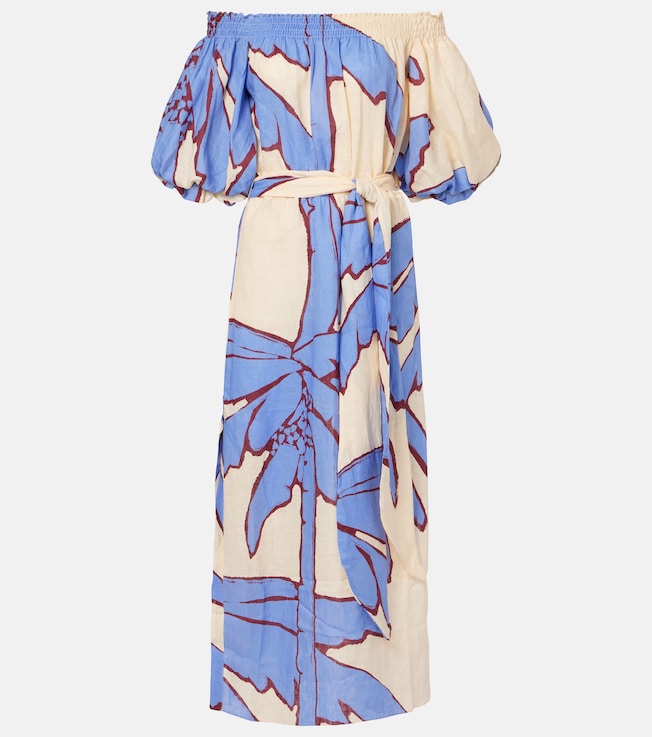 Printed off-shoulder linen midi dress | Johanna Ortiz